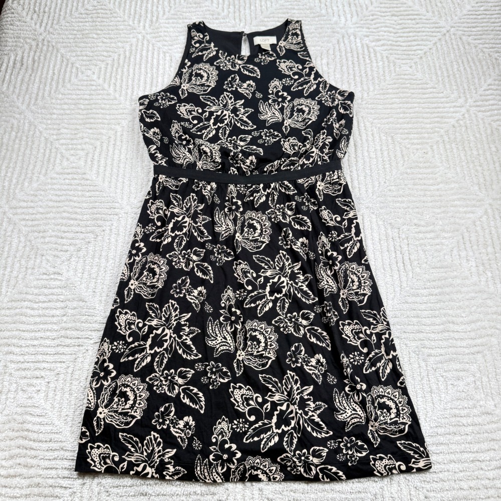 LOFT Floral Paisley Dress Womens S Black Cream Sleeveless Knit Casual Boho Chic
